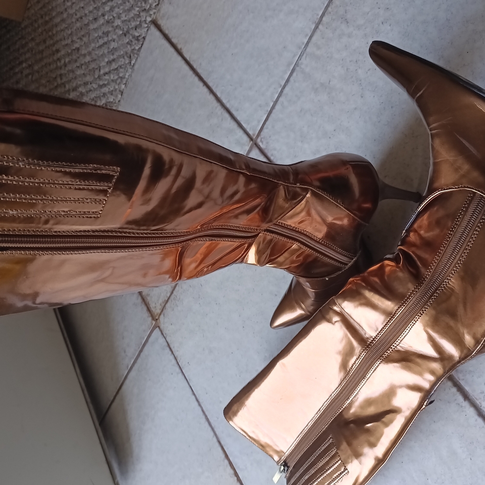 Colin Stuart Gold Heeled Boots with Dramatic Wing Design